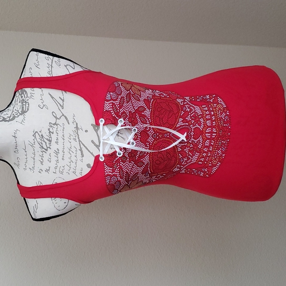 Red racer back embellished lace up front tank top